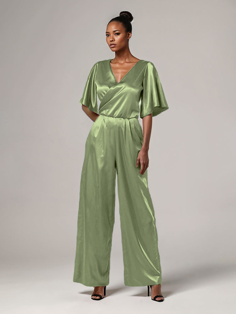Jumpsuit/Hosenanzug V-Rücken Halbe Ärmel Weicher Satin Brautmutterkleider mit Krawatte