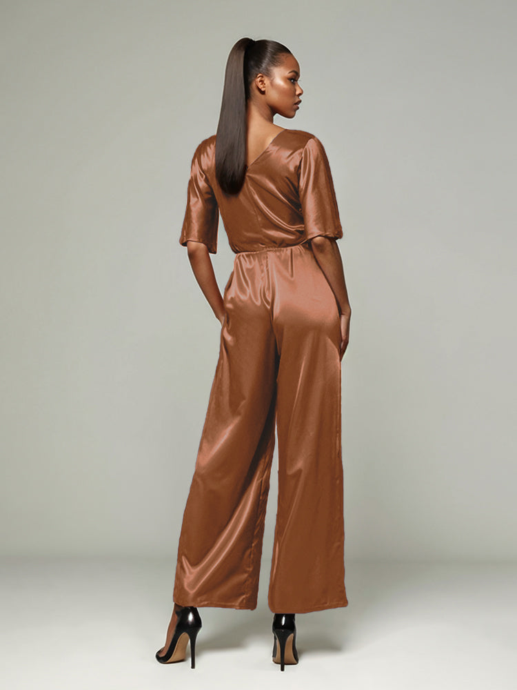 Jumpsuit/Hosenanzug V-Rücken Halbe Ärmel Weicher Satin Brautmutterkleider mit Krawatte