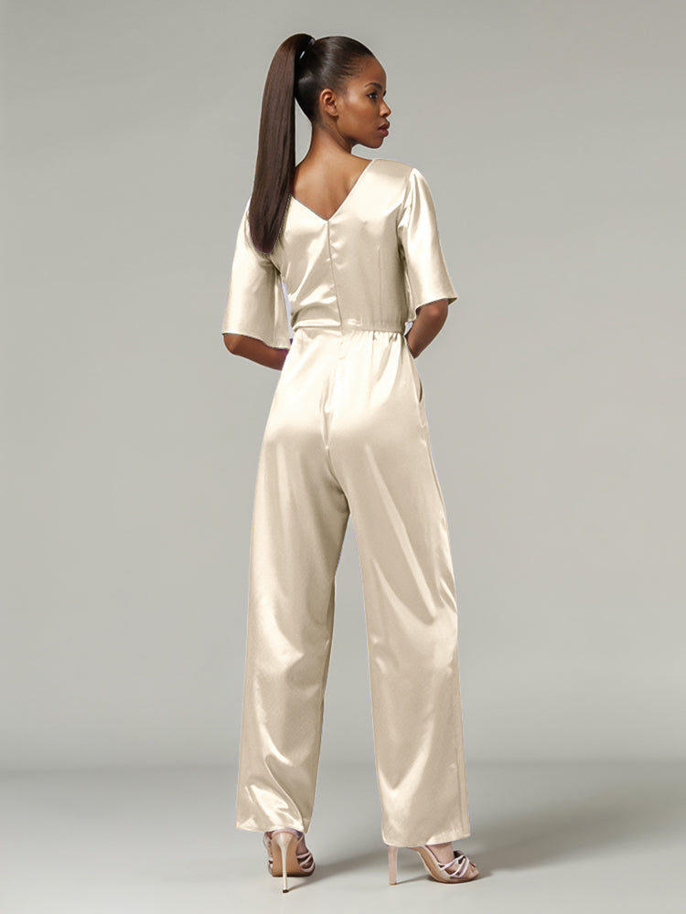 Jumpsuit/Hosenanzug V-Ausschnitt Halbe Ärmel Weiche Satinfalten Brautmutterkleider mit Gürtel