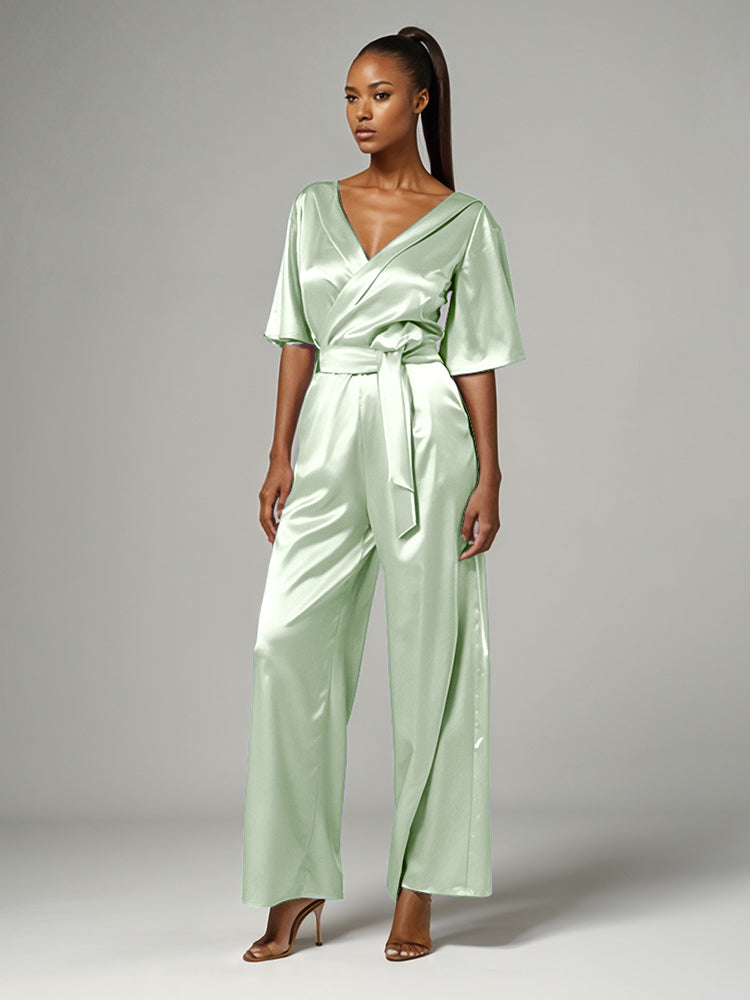 Jumpsuit/Hosenanzug V-Ausschnitt Halbe Ärmel Weiche Satinfalten Brautmutterkleider mit Gürtel
