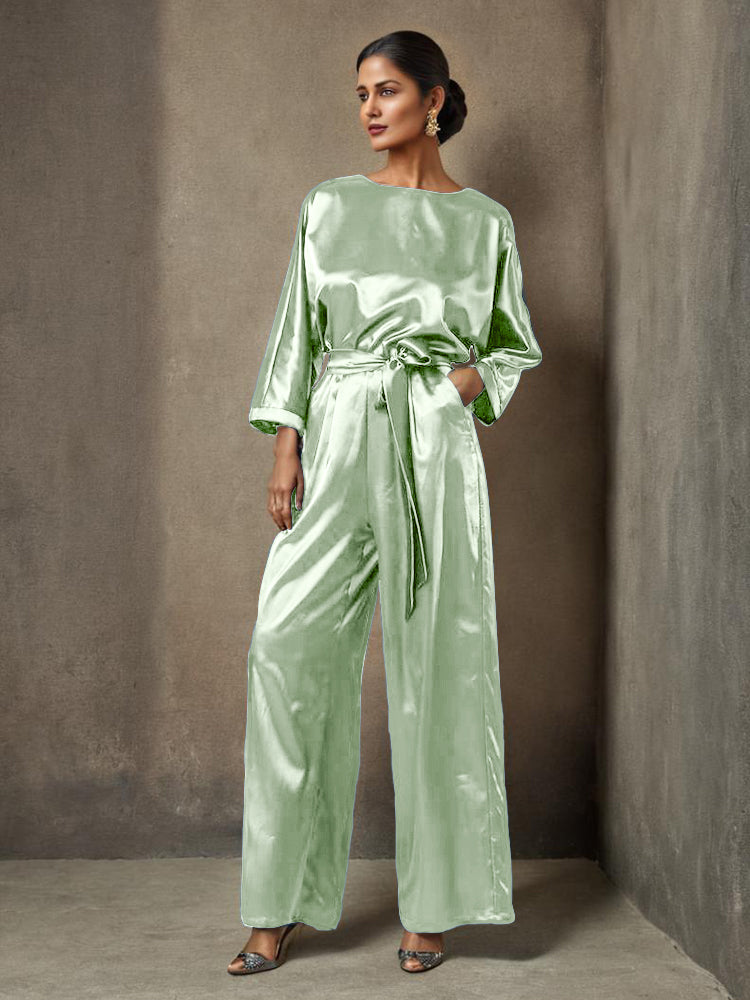 Jumpsuit/Hosenanzug Rundhalsausschnitt Lange Ärmel Weicher Satin Brautmutterkleider