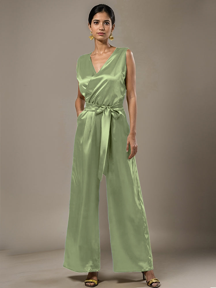 Jumpsuit/Hosenanzug V-Ausschnitt Ärmellos Soft Satin Gürtel Brautmutterkleider