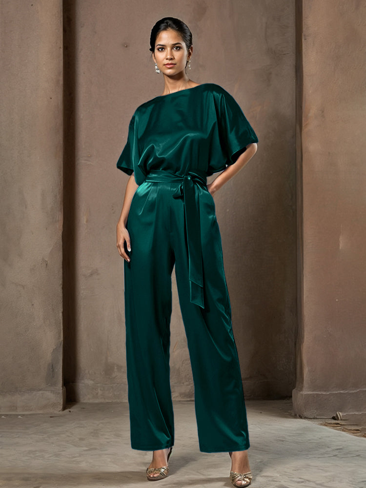 Jumpsuit/Hosenanzug Rundhalsausschnitt Halbe Ärmel Weiches Satin Brautmutterkleider mit Gürtel