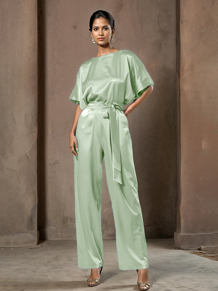 Jumpsuit/Hosenanzug Rundhalsausschnitt Halbe Ärmel Weiches Satin Brautmutterkleider mit Gürtel