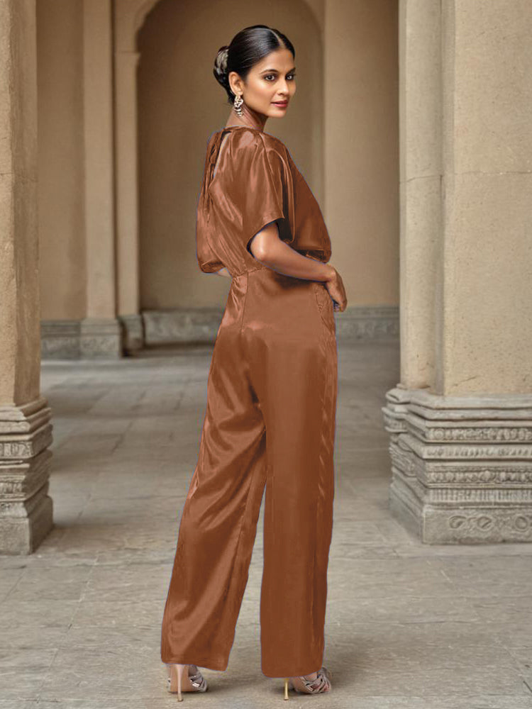 Jumpsuit/Hosenanzug Rundhalsausschnitt Halbe Ärmel Weiches Satin Brautmutterkleider mit Gürtel