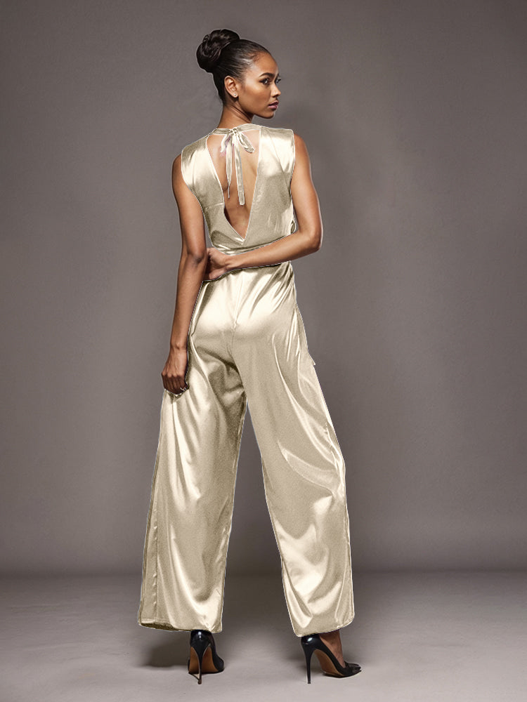 Jumpsuit/Hosenanzug V-Ausschnitt ärmelloses weiche Satin Brautmutterkleider