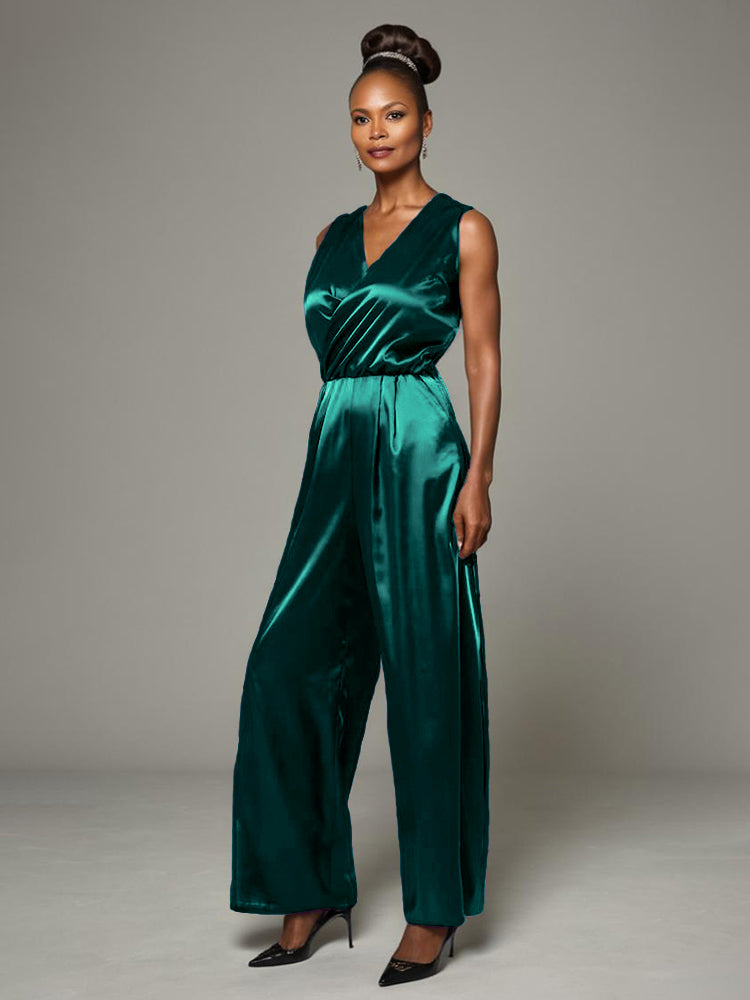 Jumpsuit/Hosenanzug V-Ausschnitt ärmelloses weiche Satin Brautmutterkleider
