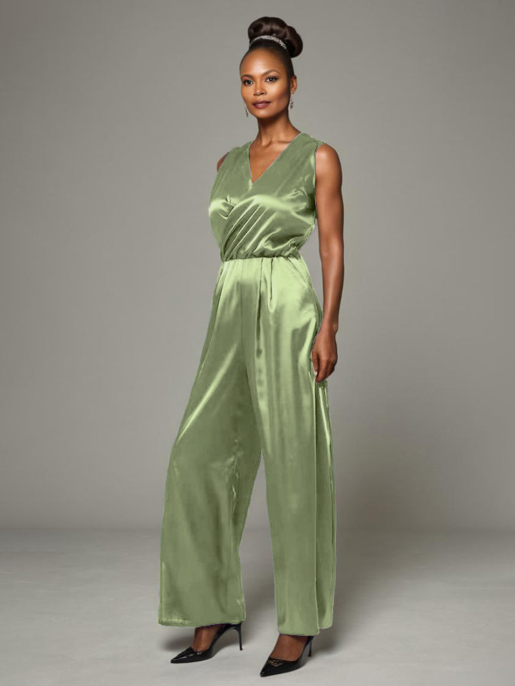 Jumpsuit/Hosenanzug V-Ausschnitt ärmelloses weiche Satin Brautmutterkleider