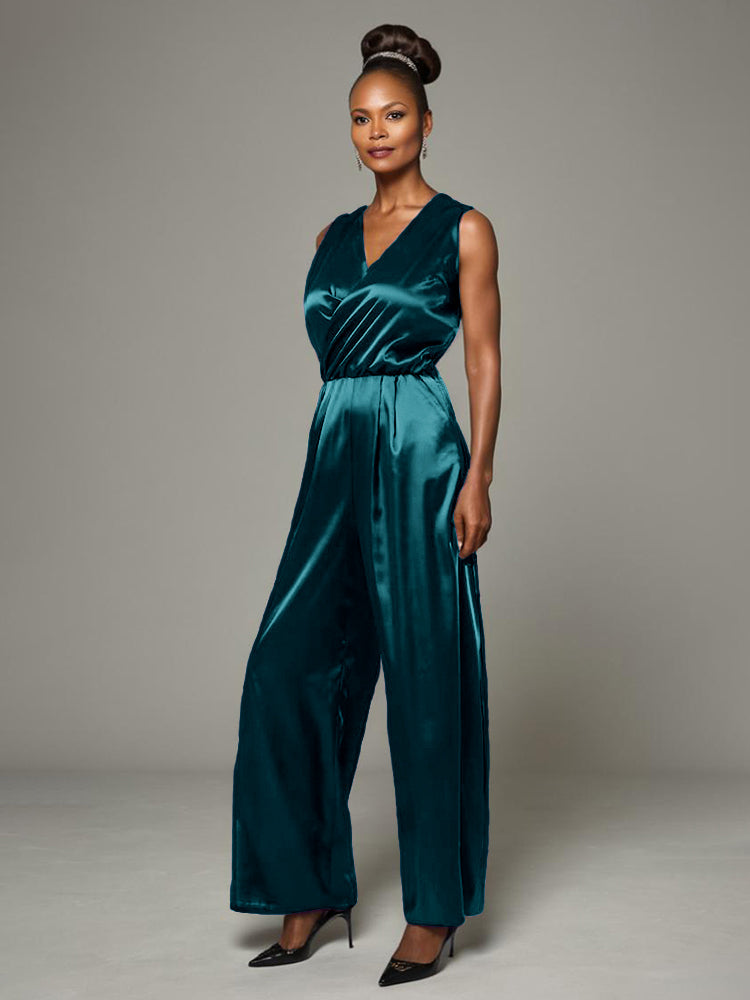 Jumpsuit/Hosenanzug V-Ausschnitt ärmelloses weiche Satin Brautmutterkleider
