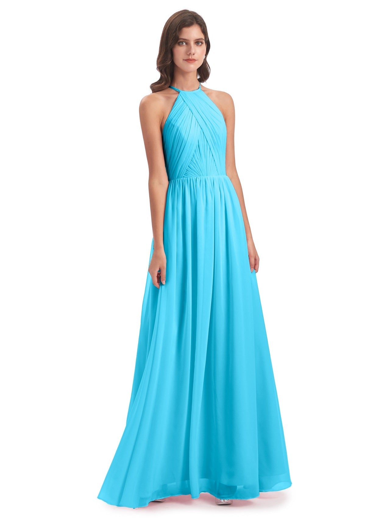 Mackenzie A-Linie Bodenlange Nackenträger Chiffon Lange Brautjungfernkleider