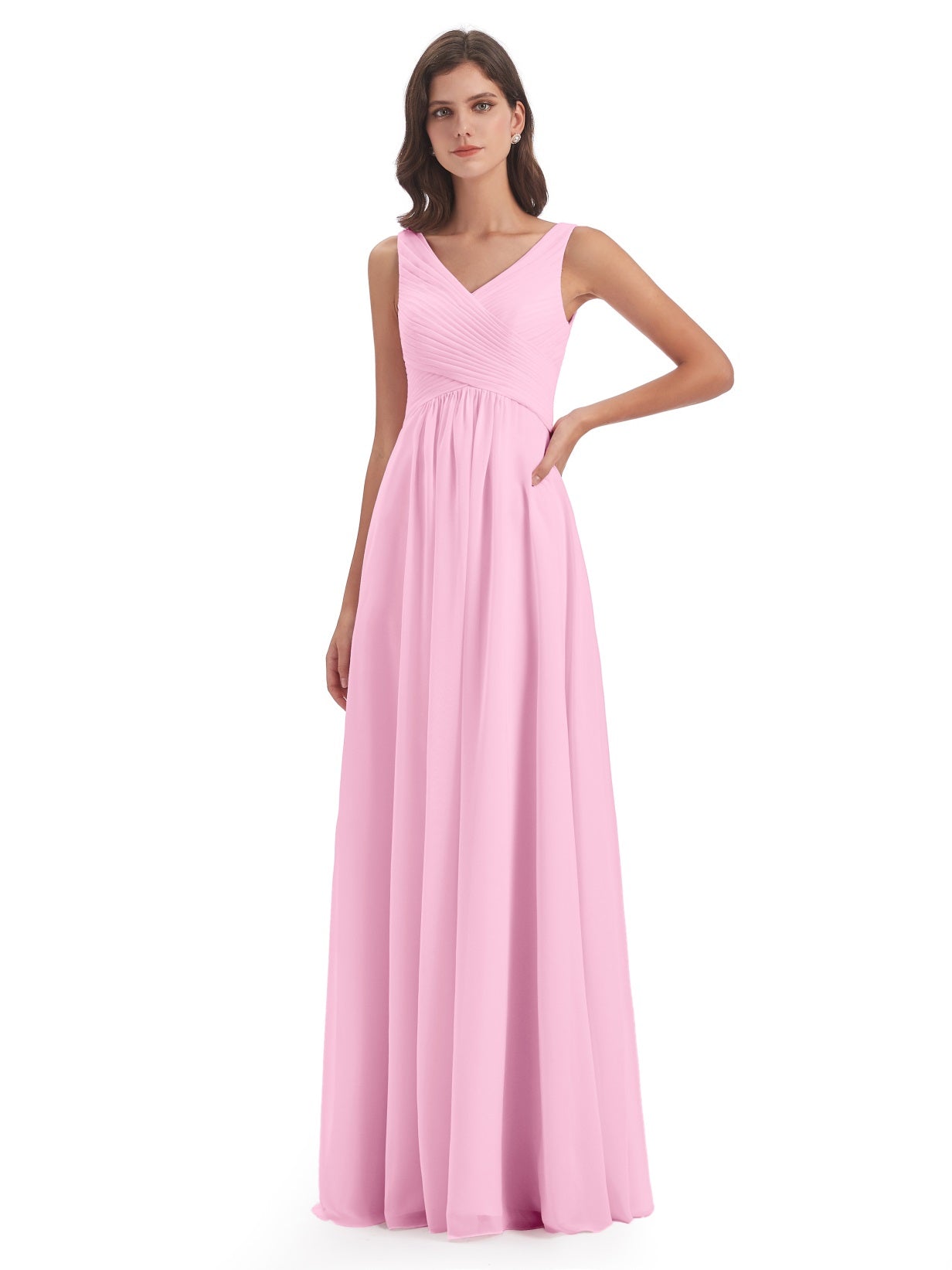 Evalyn A-Linie Bodenlange V-Ausschnitt Trägern Chiffon Lange Brautjungfernkleider