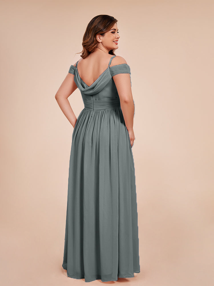 Übergröße Mia A-Linie Bodenlange Schulterfreie Chiffon Lange Brautjungfernkleider
