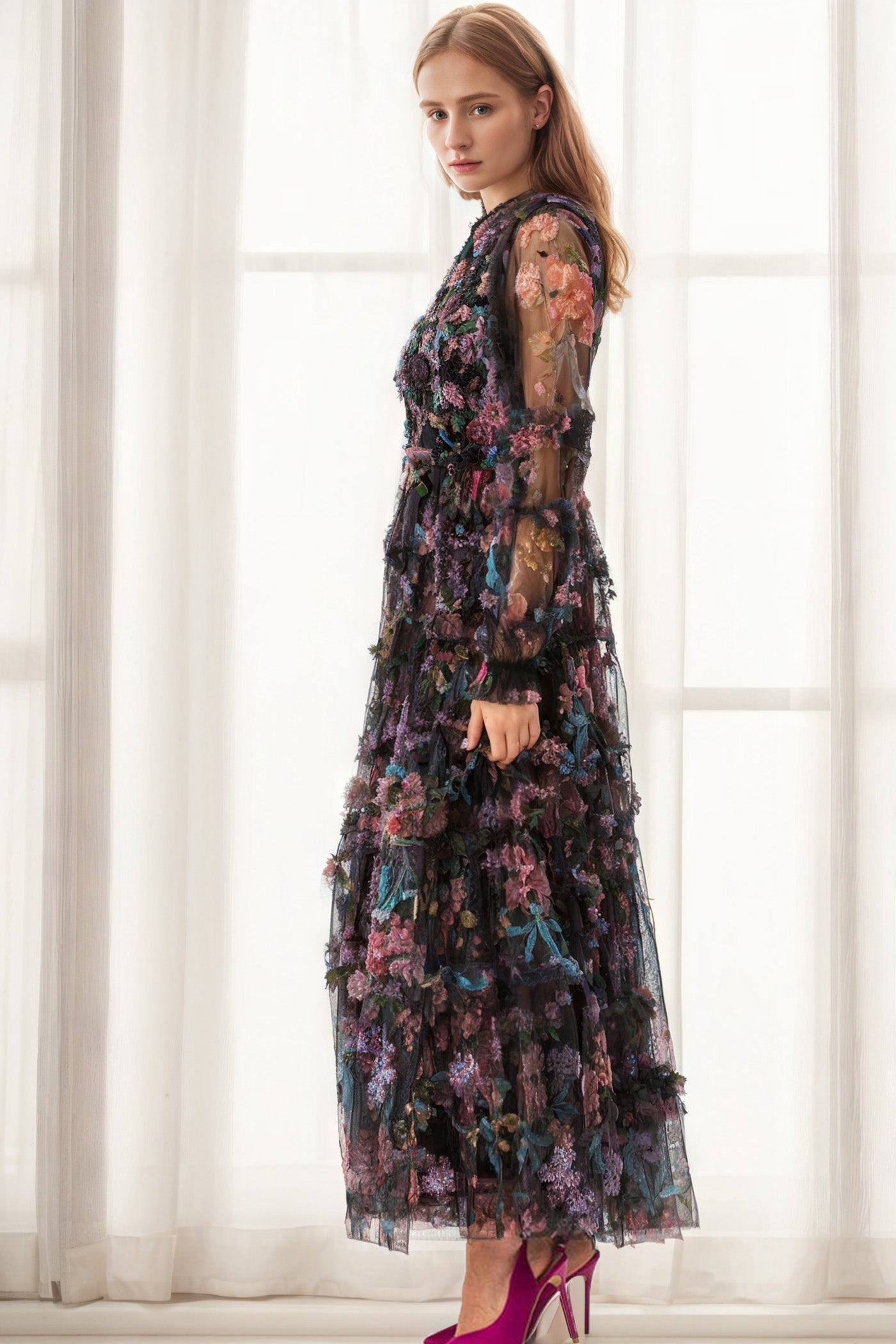Mock Neck Floral Lange Ärmel Tüll Tiered Ruffle Hochzeit Gastkleider