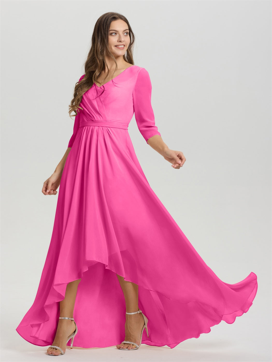 Fließende 3/4 Ärmel V-Ausschnitt Asymmetrisch Hoch Niedrig Chiffon Brautjungfernkleid