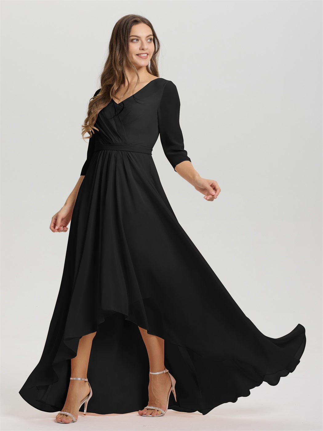 Fließende 3/4 Ärmel V-Ausschnitt Asymmetrisch Hoch Niedrig Chiffon Brautjungfernkleid