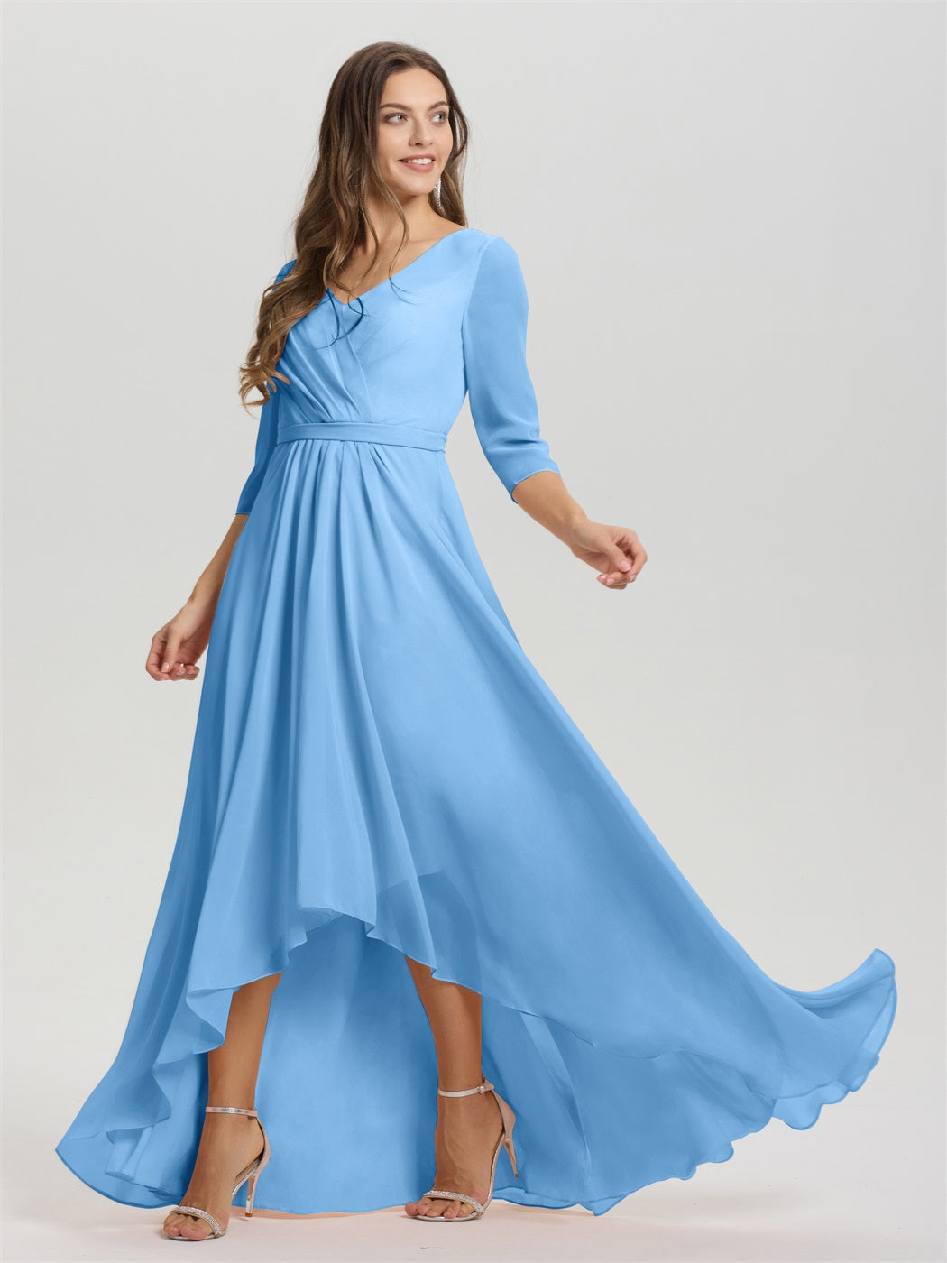 Fließende 3/4 Ärmel V-Ausschnitt Asymmetrisch Hoch Niedrig Chiffon Brautjungfernkleid