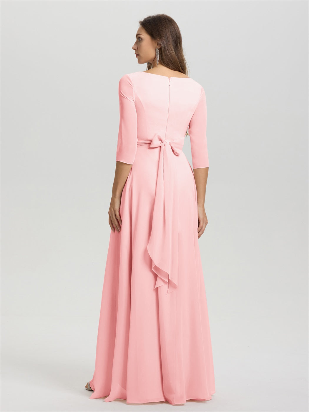 Fließende 3/4 Ärmel V-Ausschnitt Asymmetrisch Hoch Niedrig Chiffon Brautjungfernkleid