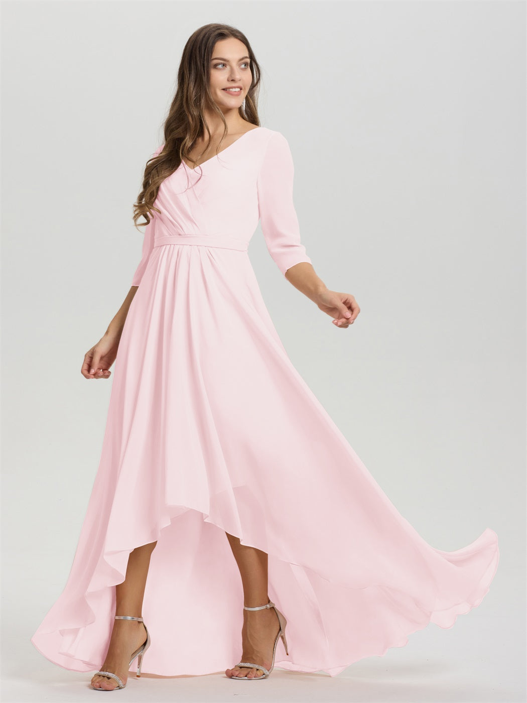 Fließende 3/4 Ärmel V-Ausschnitt Asymmetrisch Hoch Niedrig Chiffon Brautjungfernkleid