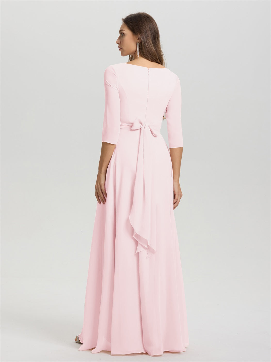 Fließende 3/4 Ärmel V-Ausschnitt Asymmetrisch Hoch Niedrig Chiffon Brautjungfernkleid