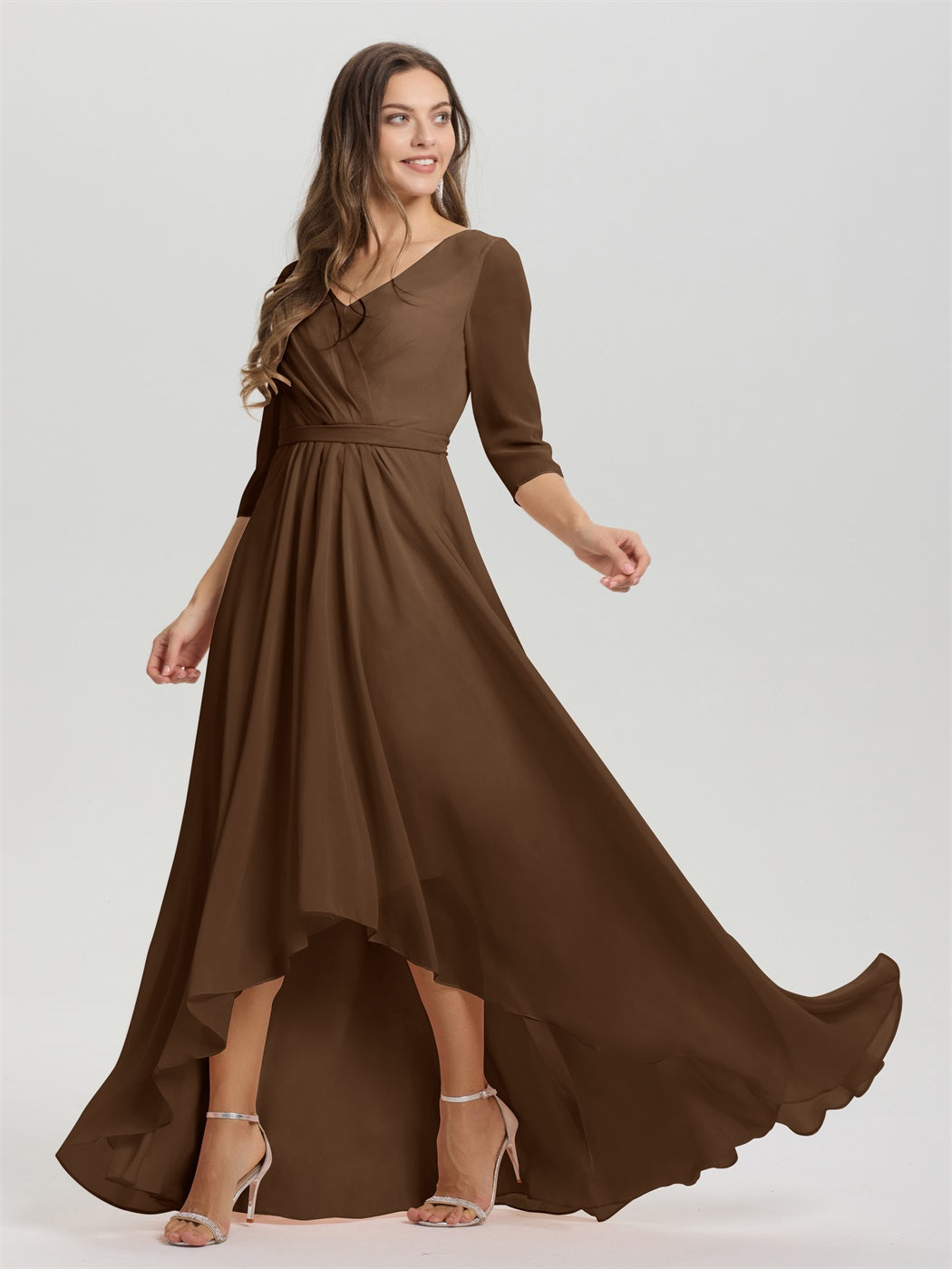 Fließende 3/4 Ärmel V-Ausschnitt Asymmetrisch Hoch Niedrig Chiffon Brautjungfernkleid
