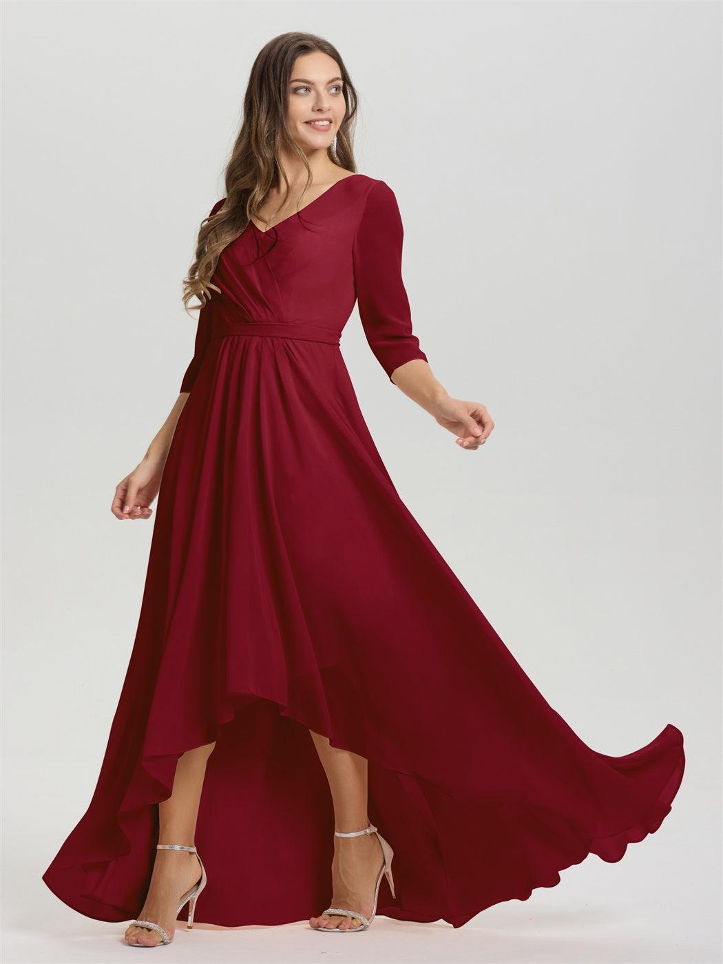 Fließende 3/4 Ärmel V-Ausschnitt Asymmetrisch Hoch Niedrig Chiffon Brautjungfernkleid