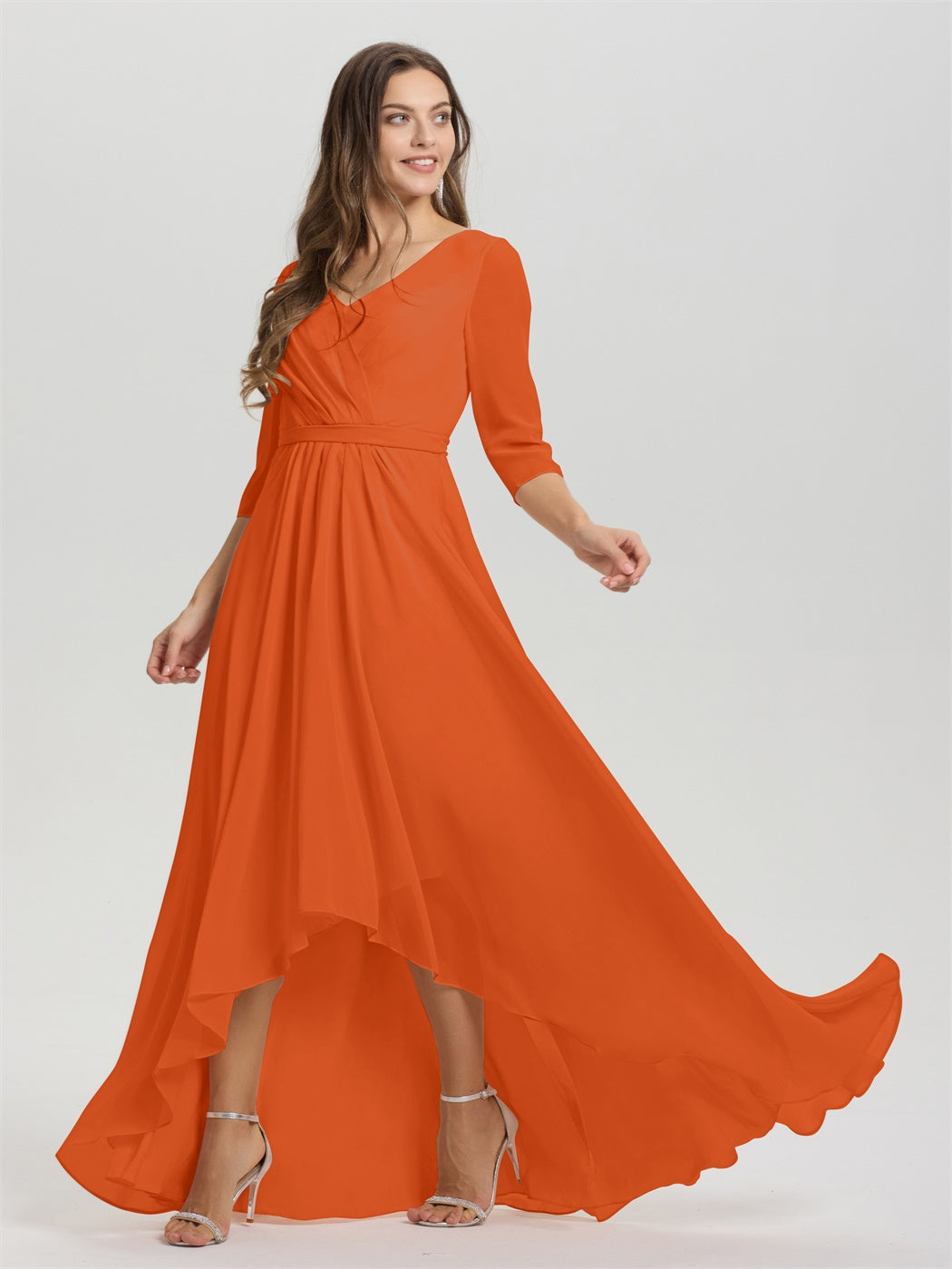Fließende 3/4 Ärmel V-Ausschnitt Asymmetrisch Hoch Niedrig Chiffon Brautjungfernkleid
