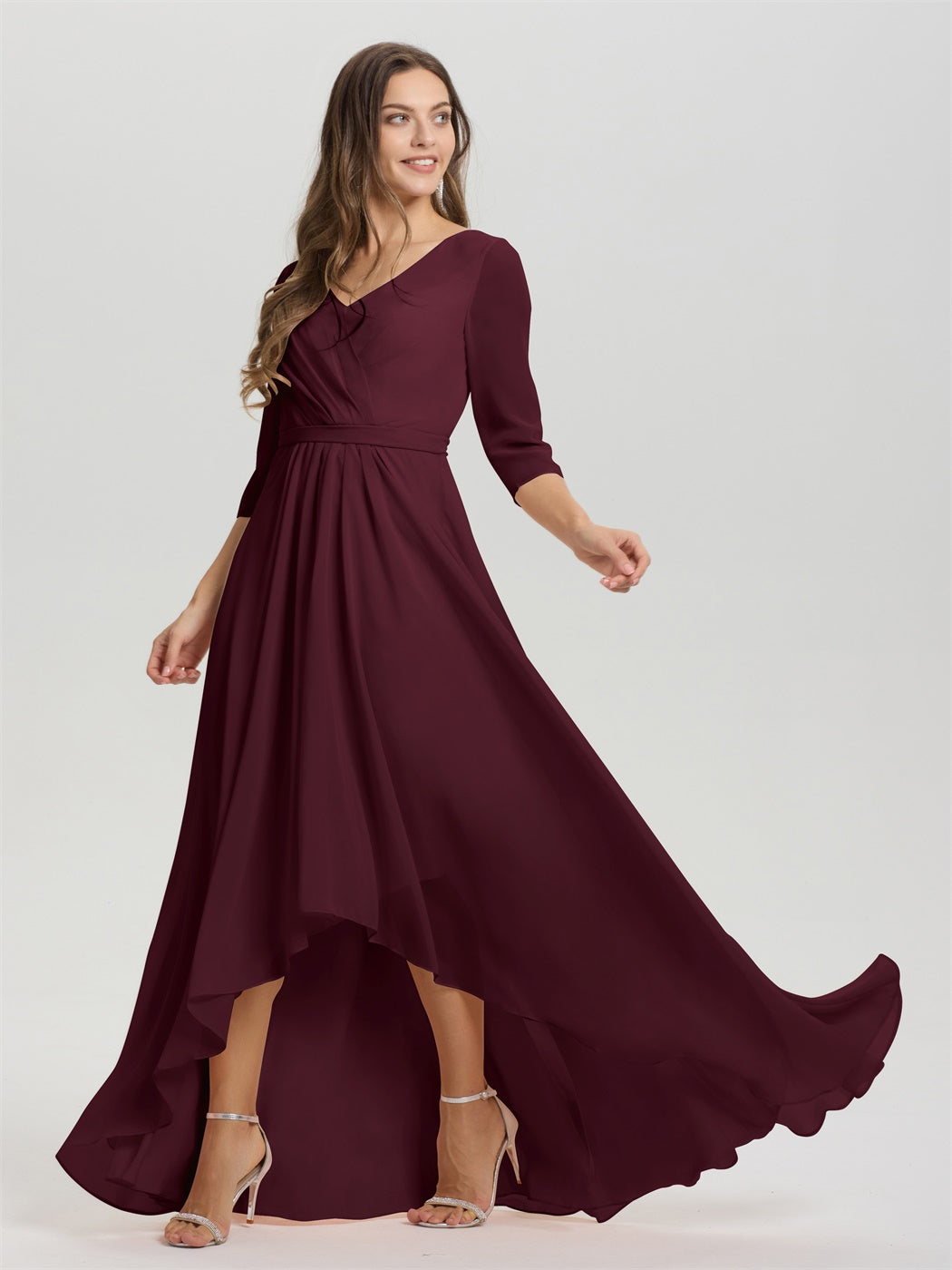Fließende 3/4 Ärmel V-Ausschnitt Asymmetrisch Hoch Niedrig Chiffon Brautjungfernkleid