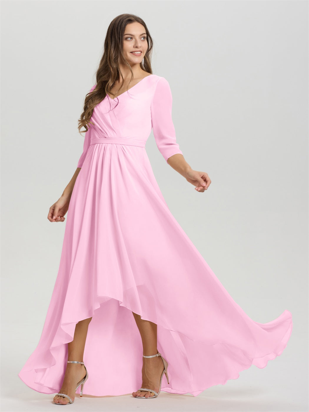 Fließende 3/4 Ärmel V-Ausschnitt Asymmetrisch Hoch Niedrig Chiffon Brautjungfernkleid