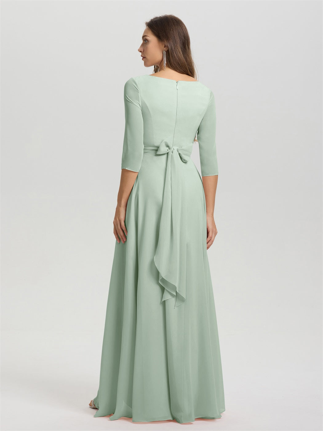 Fließende 3/4 Ärmel V-Ausschnitt Asymmetrisch Hoch Niedrig Chiffon Brautjungfernkleid