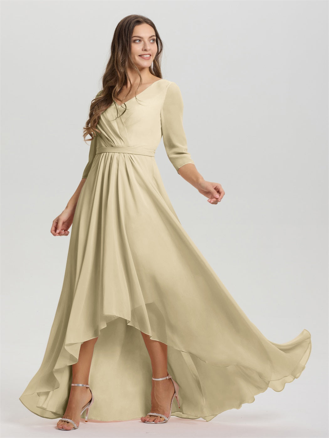 Fließende 3/4 Ärmel V-Ausschnitt Asymmetrisch Hoch Niedrig Chiffon Brautjungfernkleid