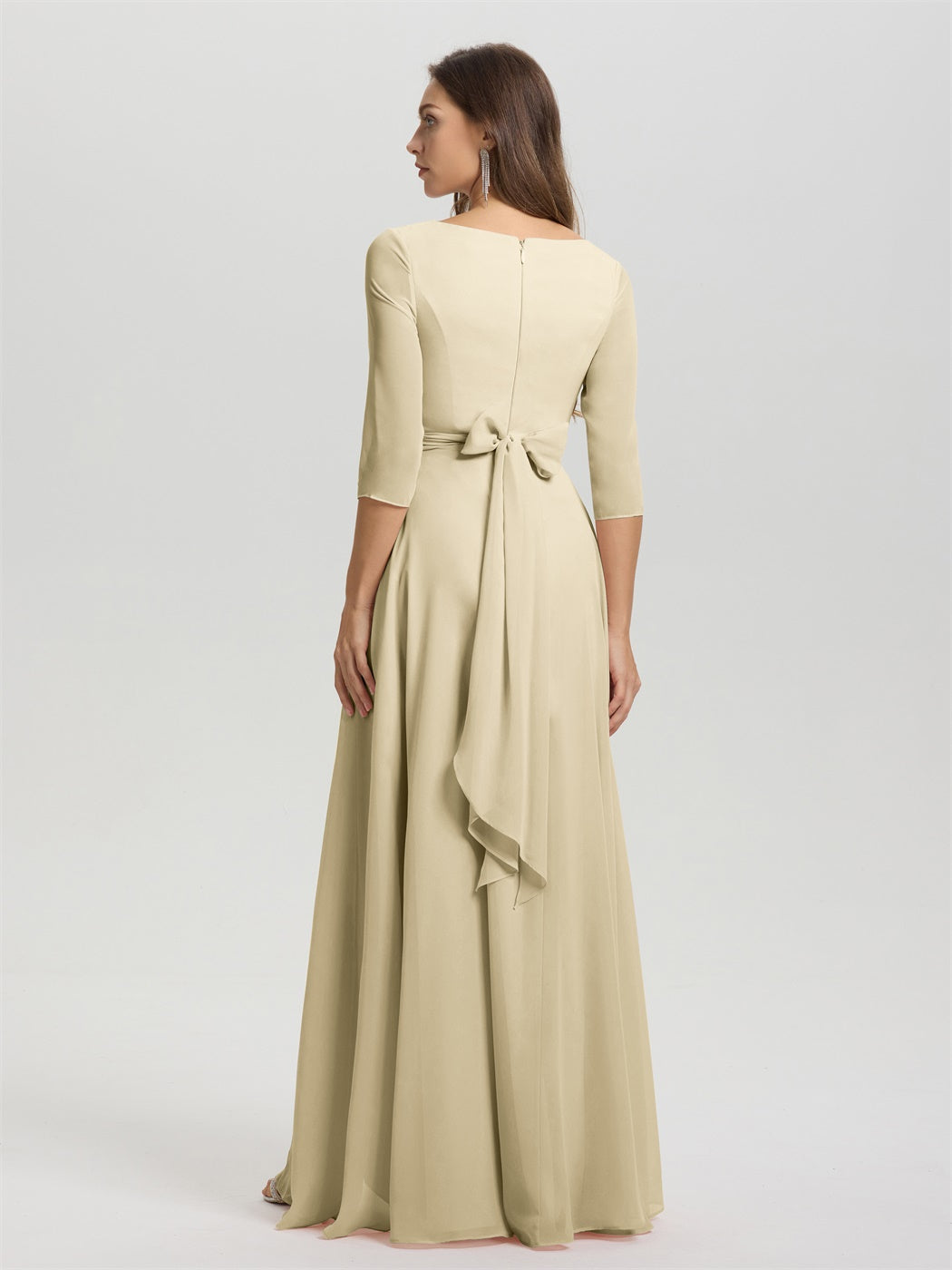 Fließende 3/4 Ärmel V-Ausschnitt Asymmetrisch Hoch Niedrig Chiffon Brautjungfernkleid