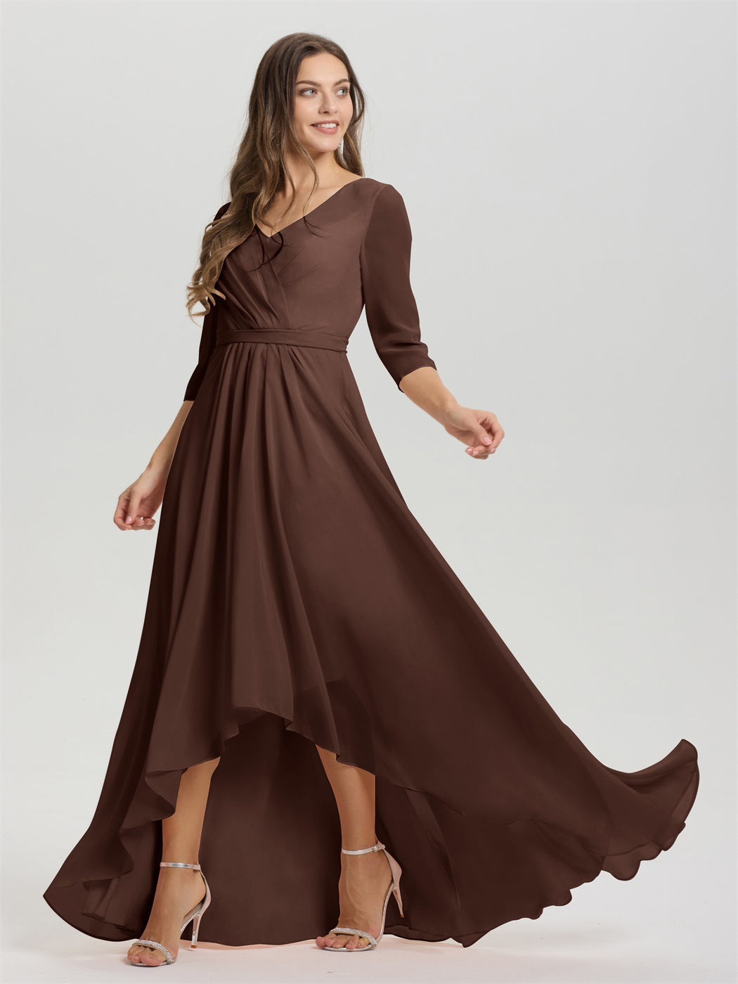 Fließende 3/4 Ärmel V-Ausschnitt Asymmetrisch Hoch Niedrig Chiffon Brautjungfernkleid
