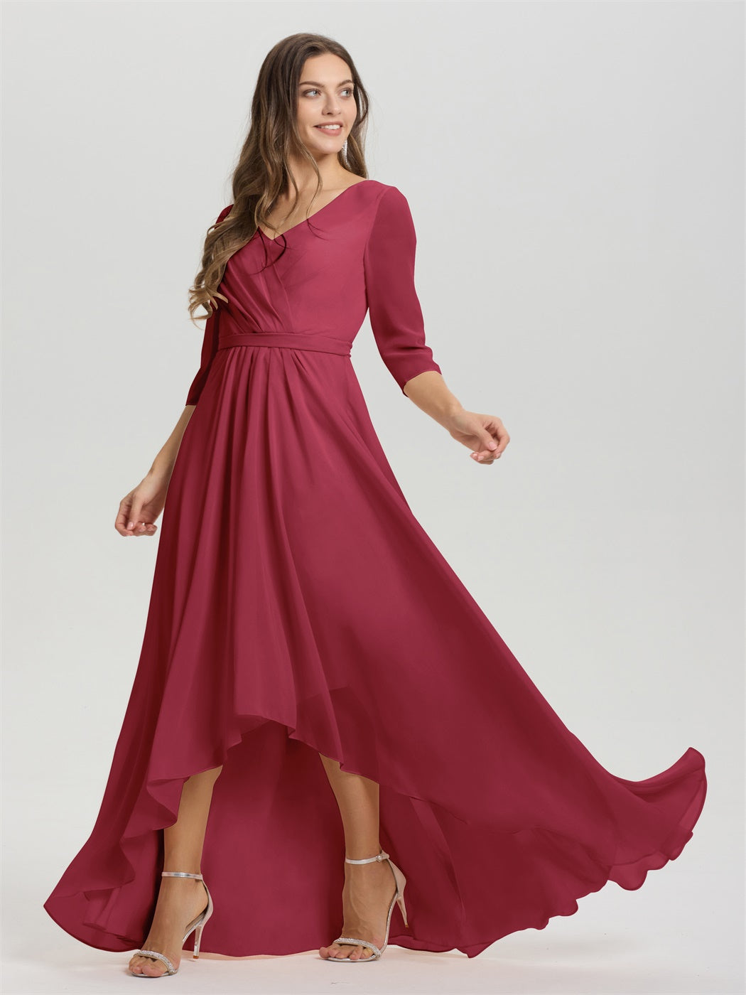Fließende 3/4 Ärmel V-Ausschnitt Asymmetrisch Hoch Niedrig Chiffon Brautjungfernkleid