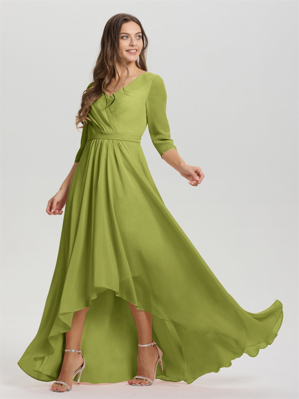 Fließende 3/4 Ärmel V-Ausschnitt Asymmetrisch Hoch Niedrig Chiffon Brautjungfernkleid