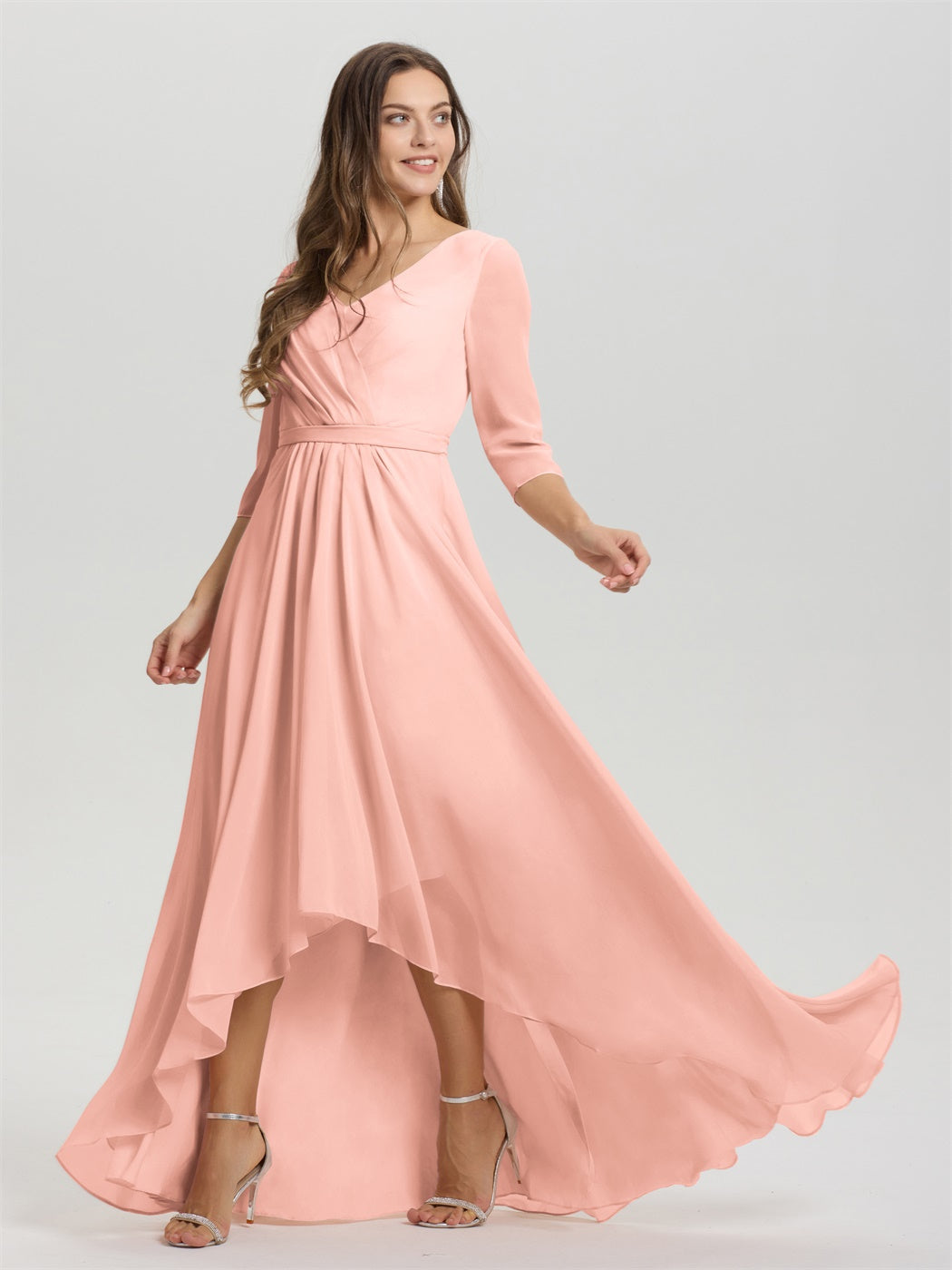 Fließende 3/4 Ärmel V-Ausschnitt Asymmetrisch Hoch Niedrig Chiffon Brautjungfernkleid