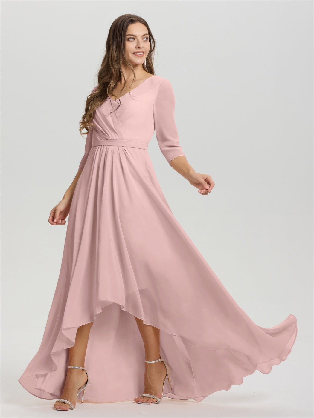 Fließende 3/4 Ärmel V-Ausschnitt Asymmetrisch Hoch Niedrig Chiffon Brautjungfernkleid