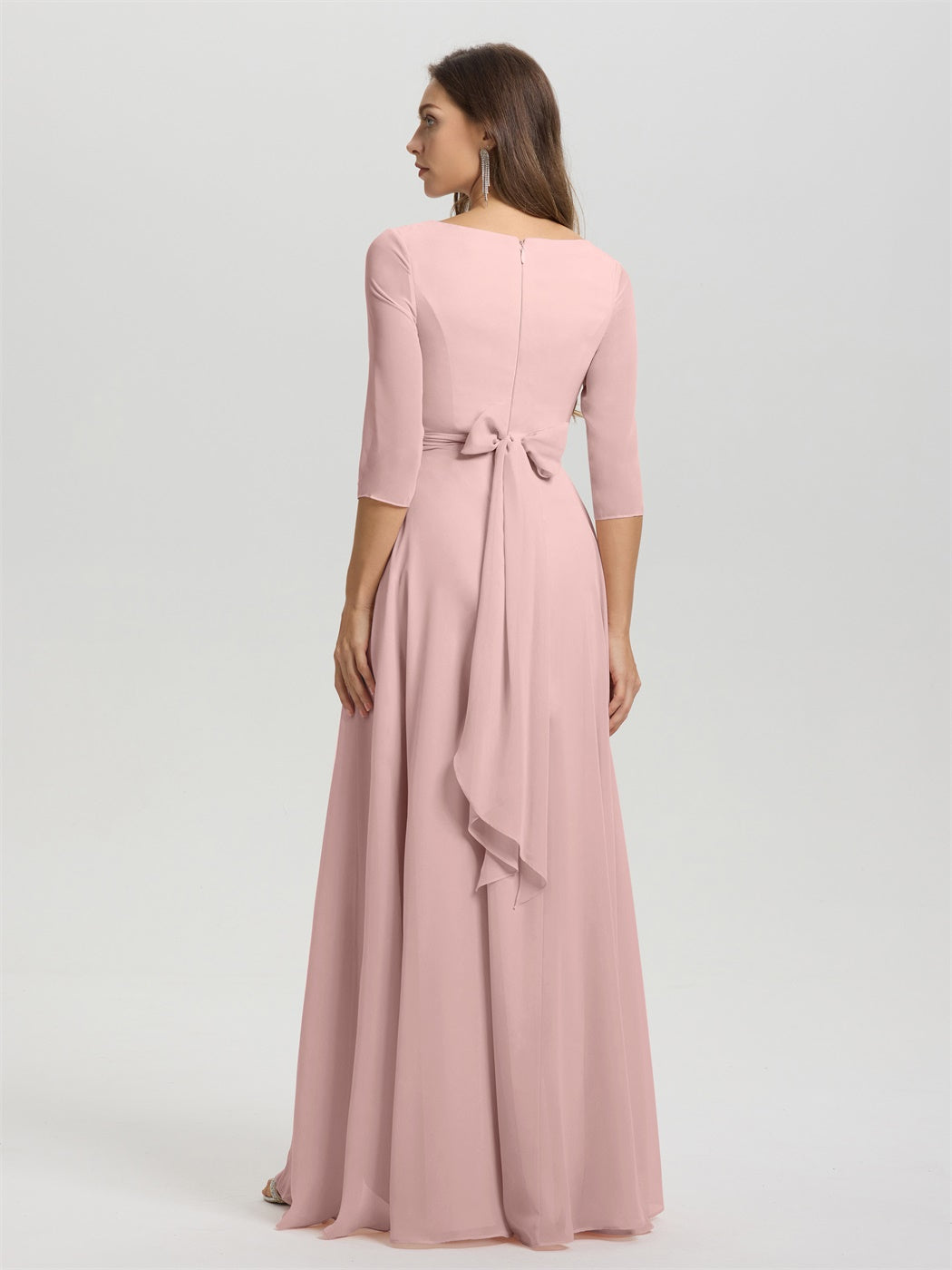 Fließende 3/4 Ärmel V-Ausschnitt Asymmetrisch Hoch Niedrig Chiffon Brautjungfernkleid