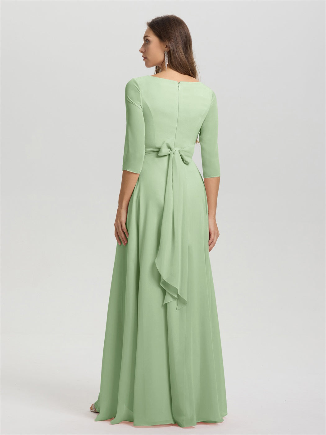 Fließende 3/4 Ärmel V-Ausschnitt Asymmetrisch Hoch Niedrig Chiffon Brautjungfernkleid