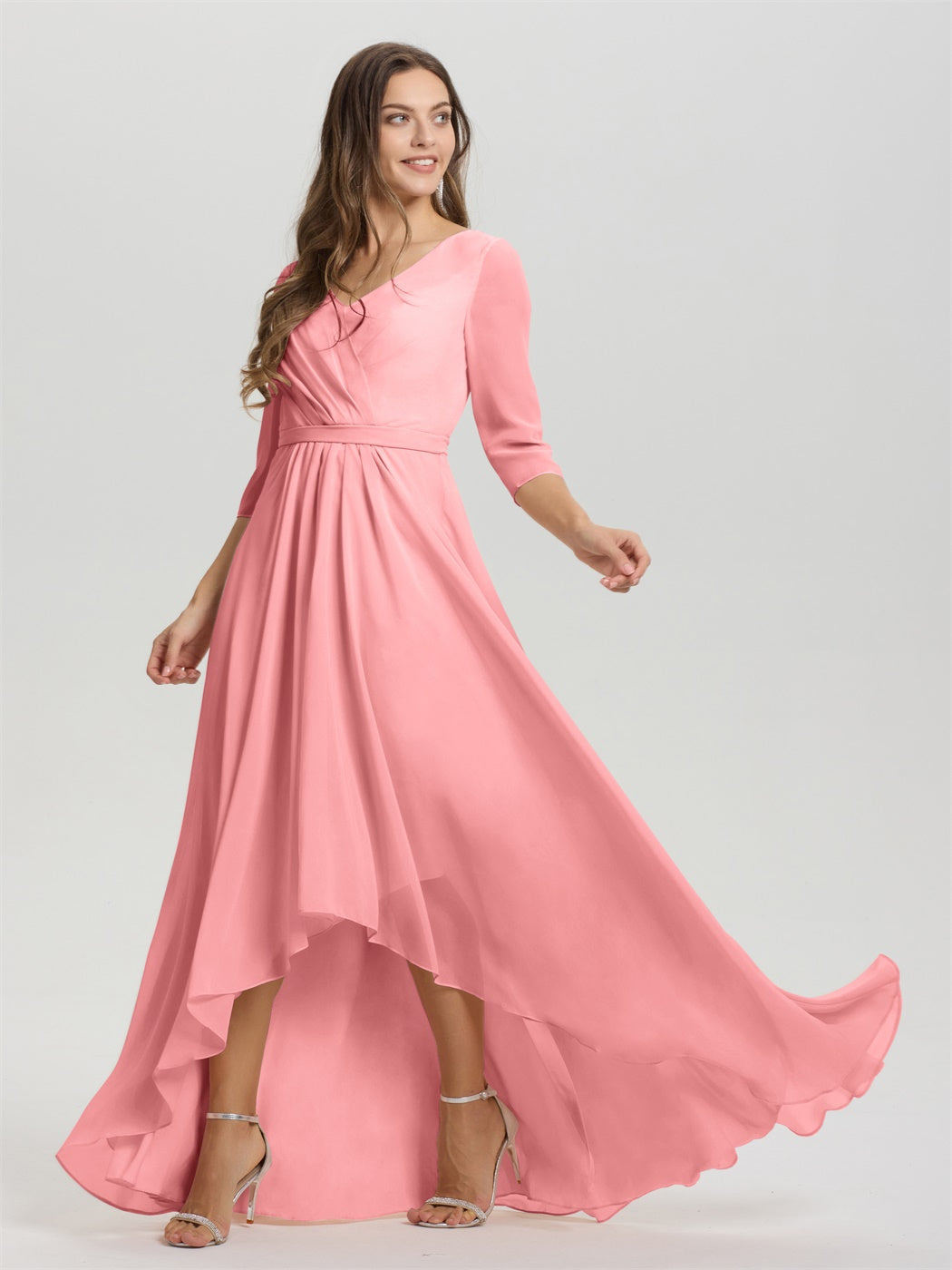 Fließende 3/4 Ärmel V-Ausschnitt Asymmetrisch Hoch Niedrig Chiffon Brautjungfernkleid