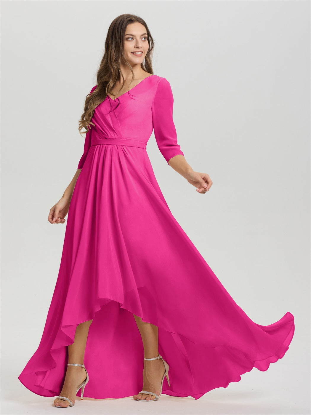Fließende 3/4 Ärmel V-Ausschnitt Asymmetrisch Hoch Niedrig Chiffon Brautjungfernkleid