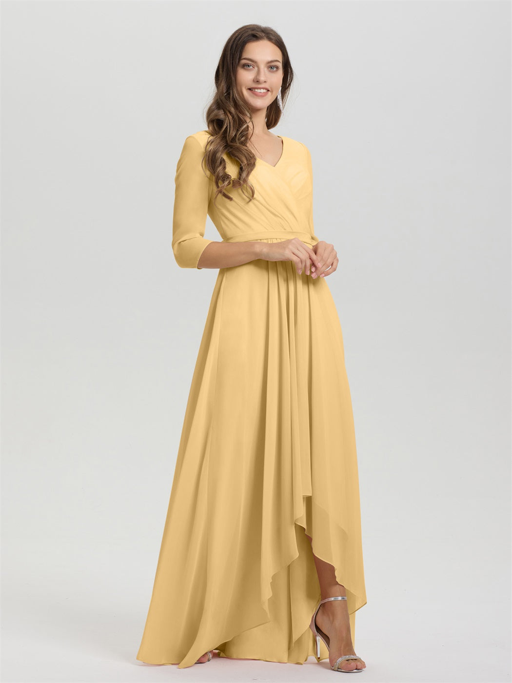Fließende 3/4 Ärmel V-Ausschnitt Asymmetrisch Hoch Niedrig Chiffon Brautjungfernkleid