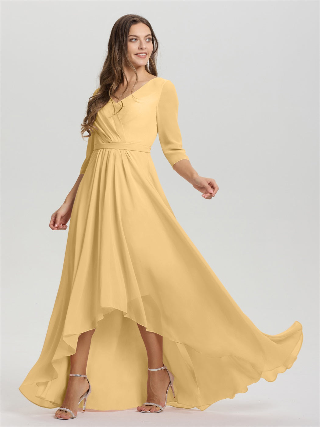 Fließende 3/4 Ärmel V-Ausschnitt Asymmetrisch Hoch Niedrig Chiffon Brautjungfernkleid