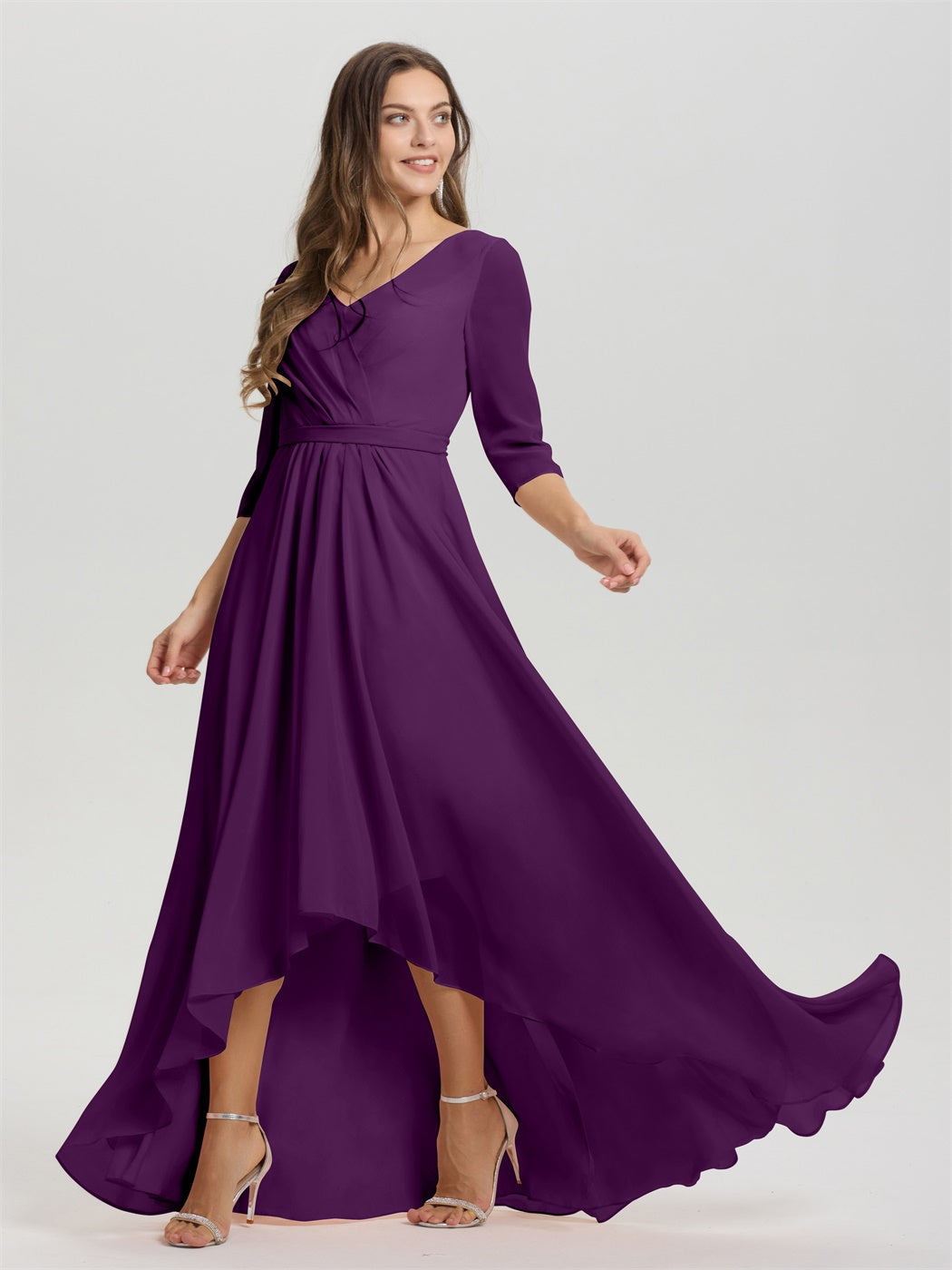 Fließende 3/4 Ärmel V-Ausschnitt Asymmetrisch Hoch Niedrig Chiffon Brautjungfernkleid