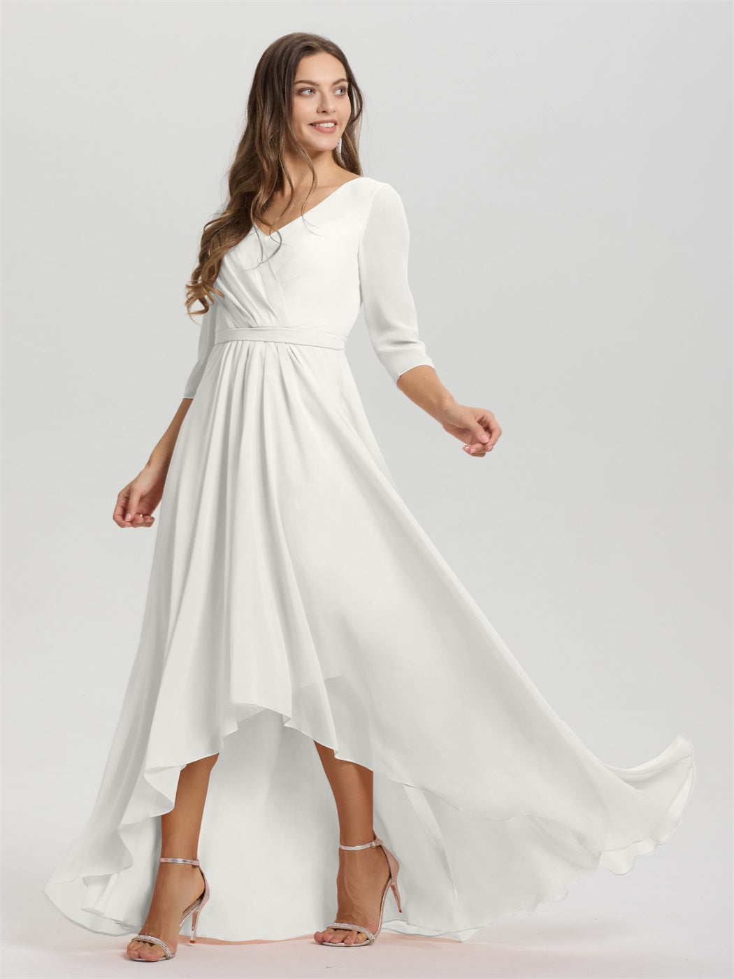 Fließende 3/4 Ärmel V-Ausschnitt Asymmetrisch Hoch Niedrig Chiffon Brautjungfernkleid