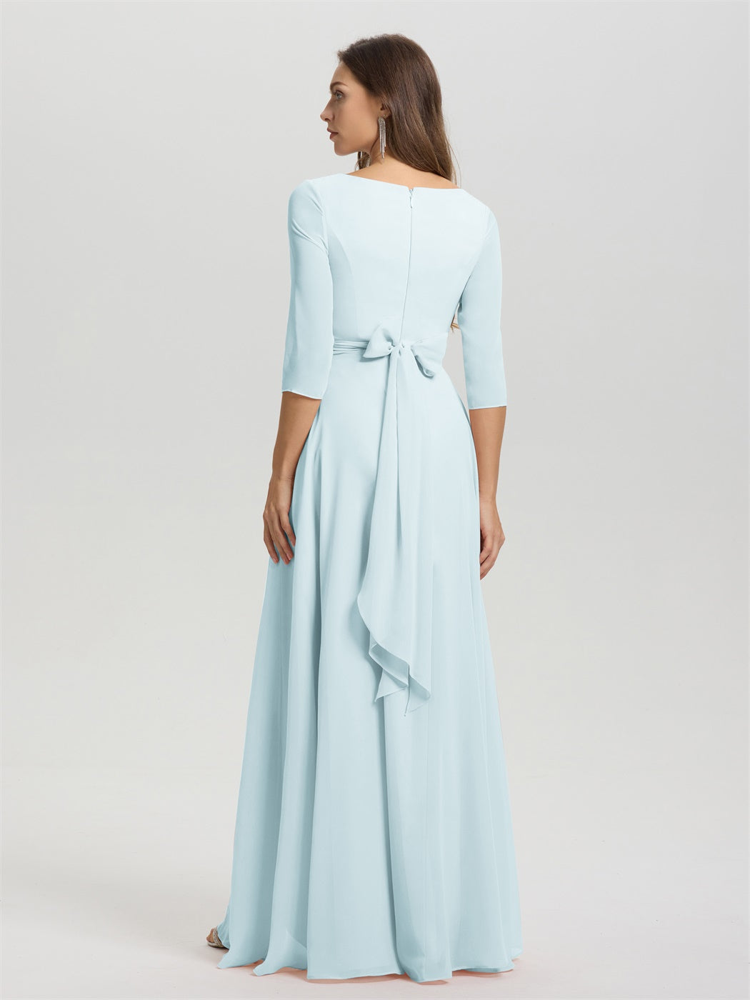 Fließende 3/4 Ärmel V-Ausschnitt Asymmetrisch Hoch Niedrig Chiffon Brautjungfernkleid