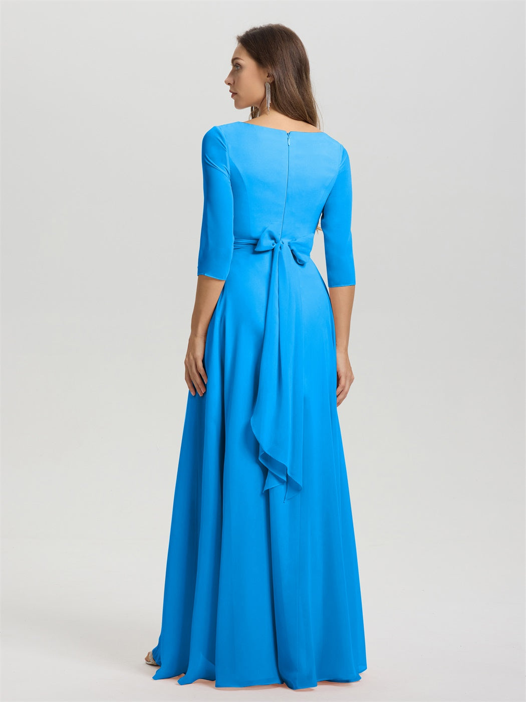 Fließende 3/4 Ärmel V-Ausschnitt Asymmetrisch Hoch Niedrig Chiffon Brautjungfernkleid