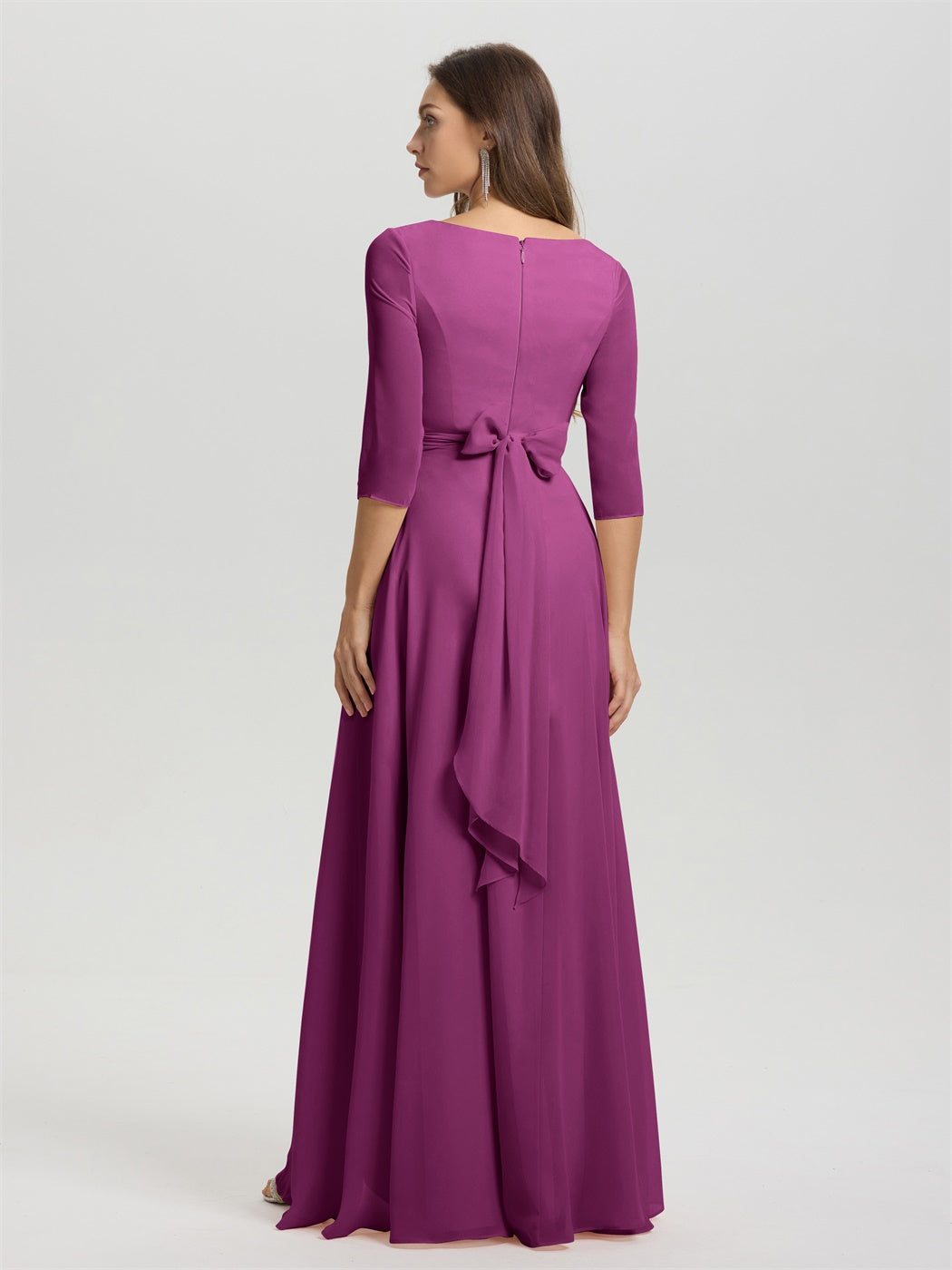 Fließende 3/4 Ärmel V-Ausschnitt Asymmetrisch Hoch Niedrig Chiffon Brautjungfernkleid