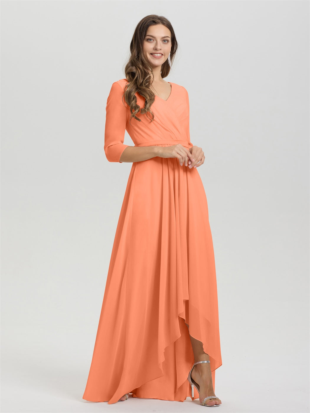 Fließende 3/4 Ärmel V-Ausschnitt Asymmetrisch Hoch Niedrig Chiffon Brautjungfernkleid