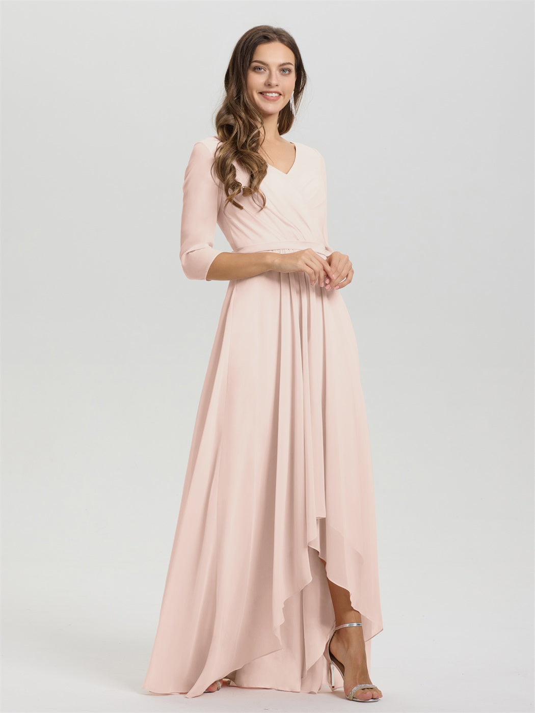 Fließende 3/4 Ärmel V-Ausschnitt Asymmetrisch Hoch Niedrig Chiffon Brautjungfernkleid