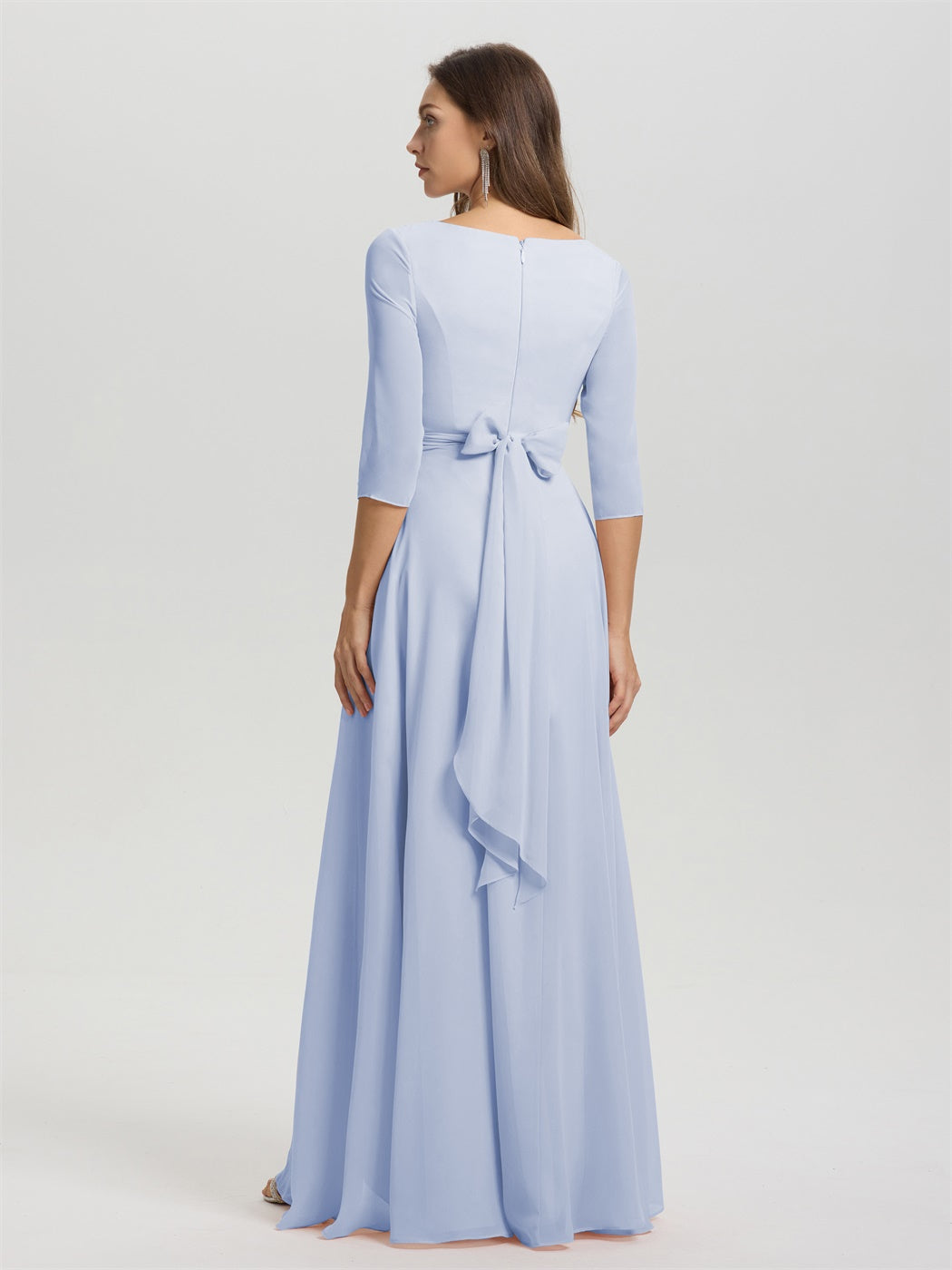 Fließende 3/4 Ärmel V-Ausschnitt Asymmetrisch Hoch Niedrig Chiffon Brautjungfernkleid